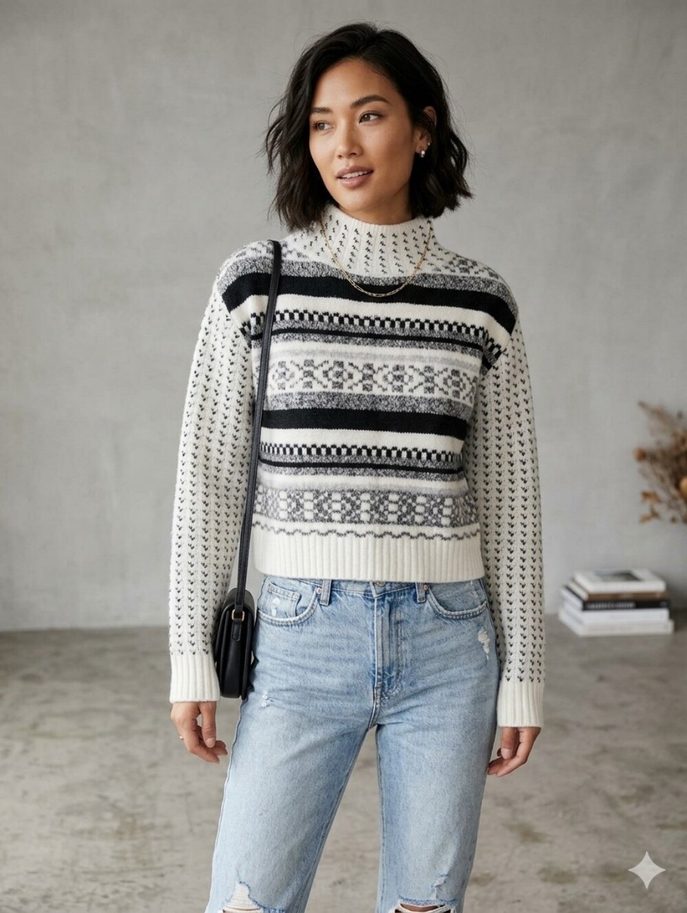 Ana a New Approach Women's Black and White Patterned Sweater